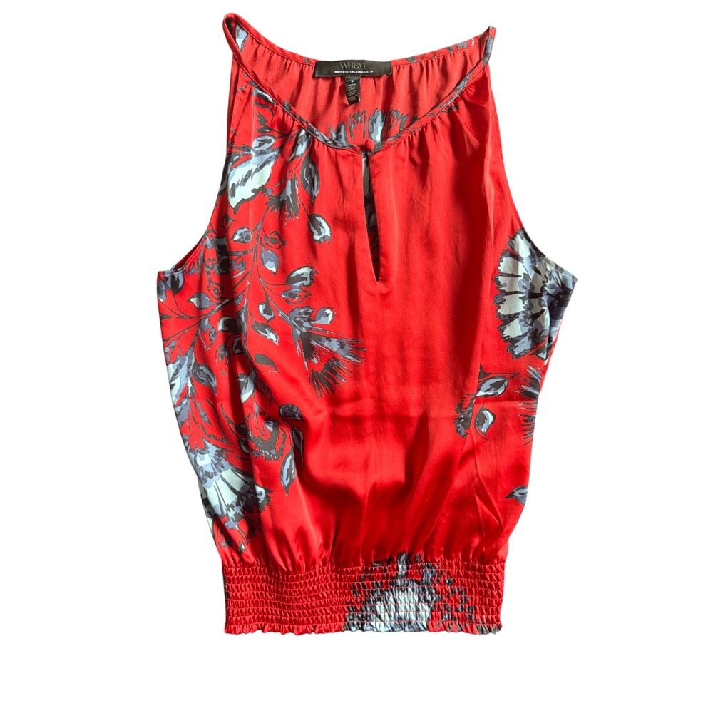 White House Black Market Red Floral Smocked Hem Halter Blouse Size 4